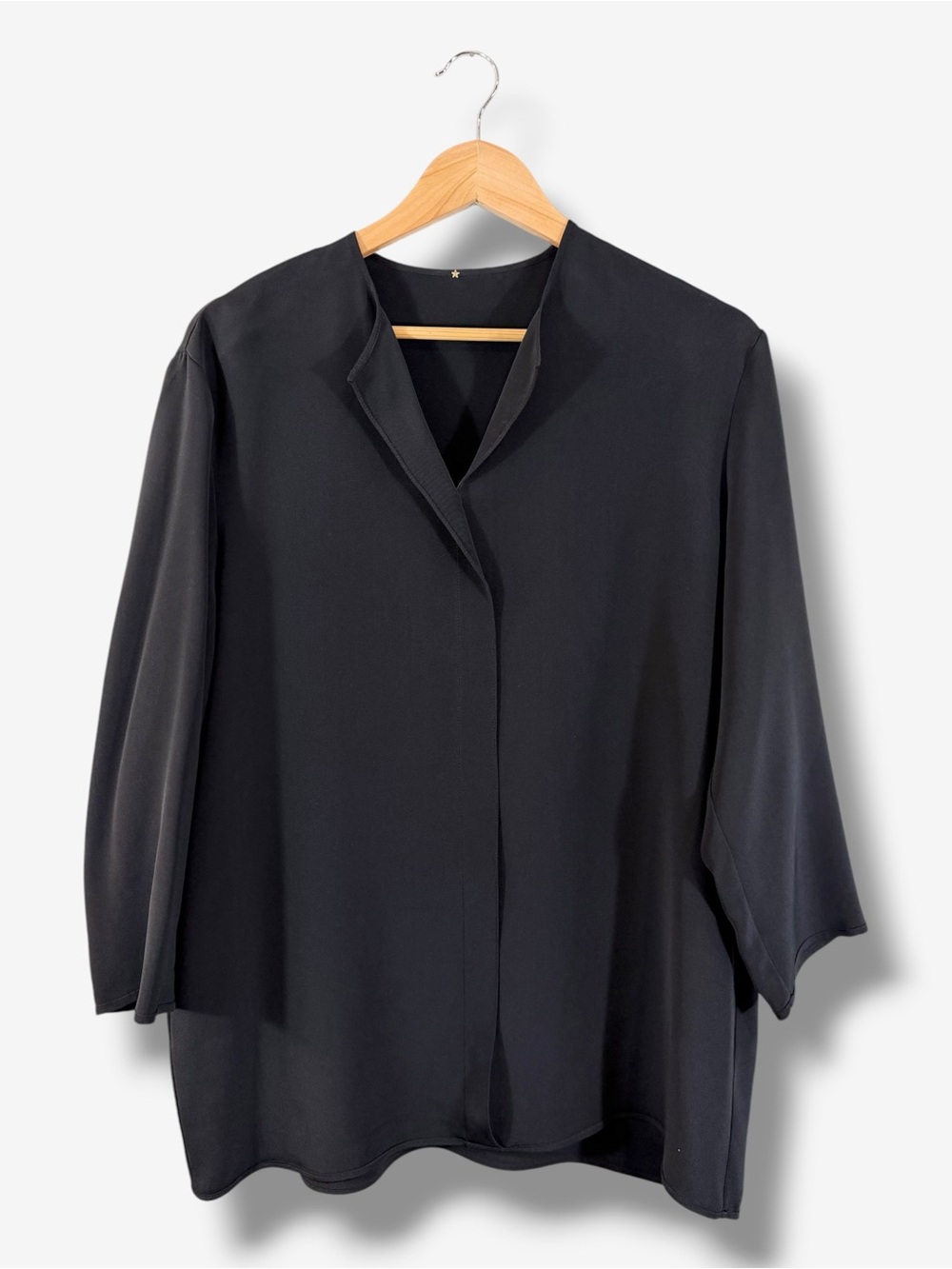 Peter Cohen Black 100% Silk Split Neck Draped Blouse XL Minimalist Designer